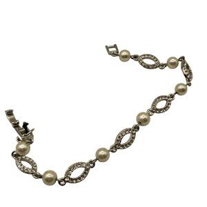 Givenchy Faux Pearl Rhinestone Bracelet Silver Tone